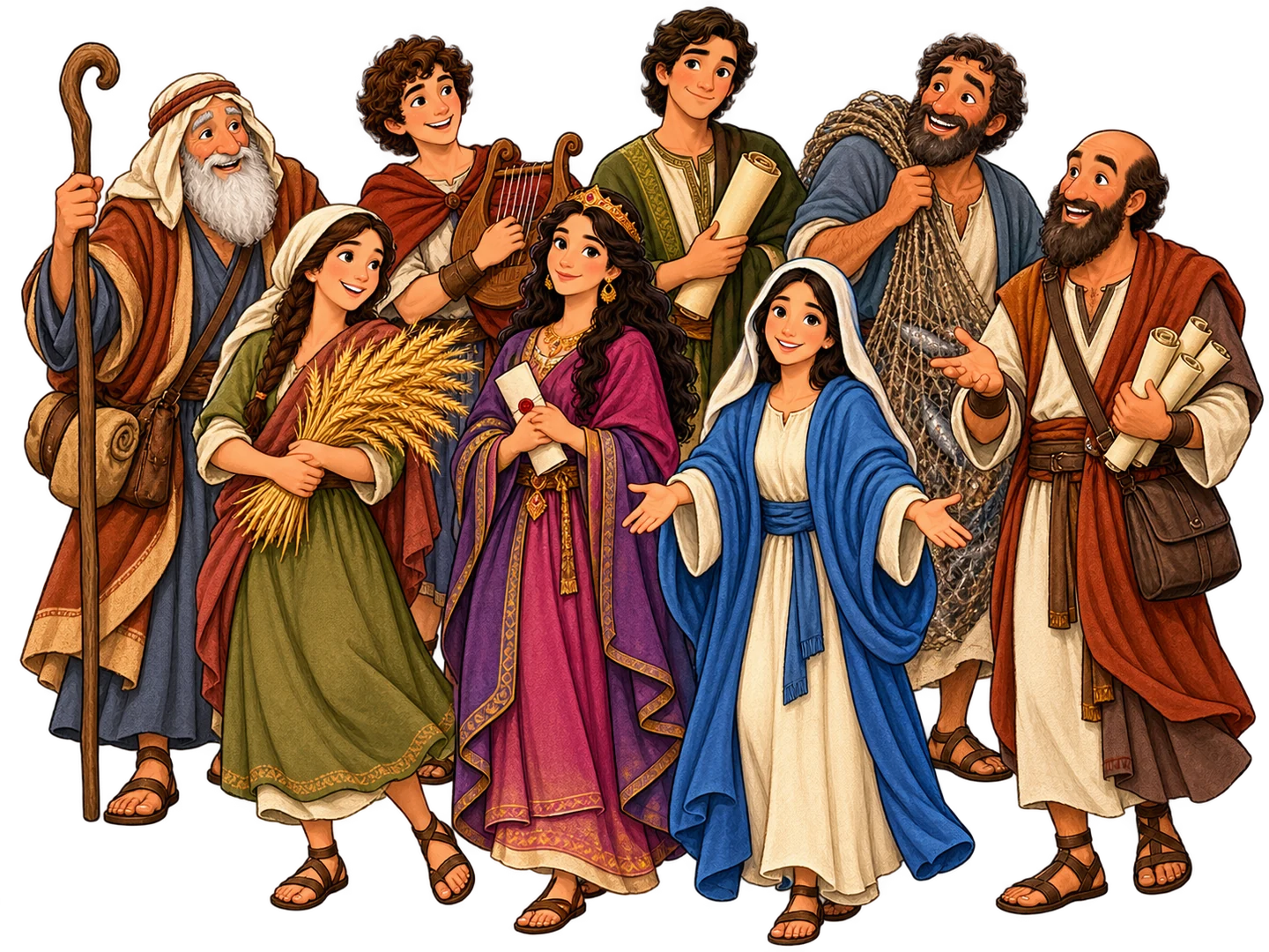 Cartoon group of eight Bible characters represented in the quiz